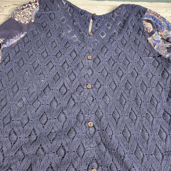 Lucky Brand Blue Paisley Crochet Lace Button Down Back Blouse Size XL - Picture 6 of 10